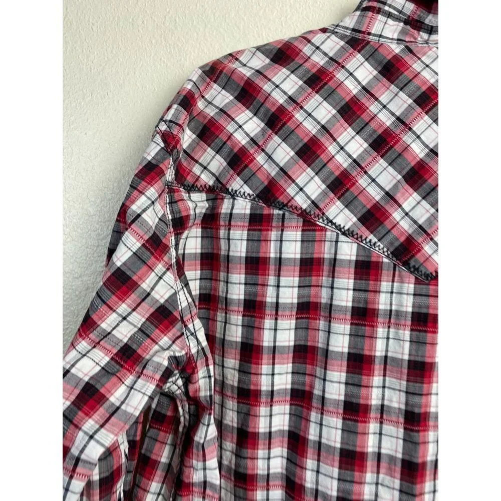 Cody James Mens Pearl Snap Shirt size Medium Plaid‎ Western Rodeo Ranch Red Gray